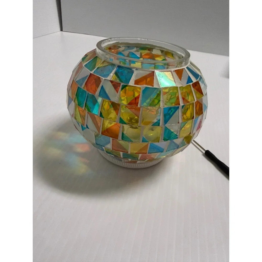 Solar Powered Mosaic Glass Jar Light Multi Color Geometric Tile LED Lantern